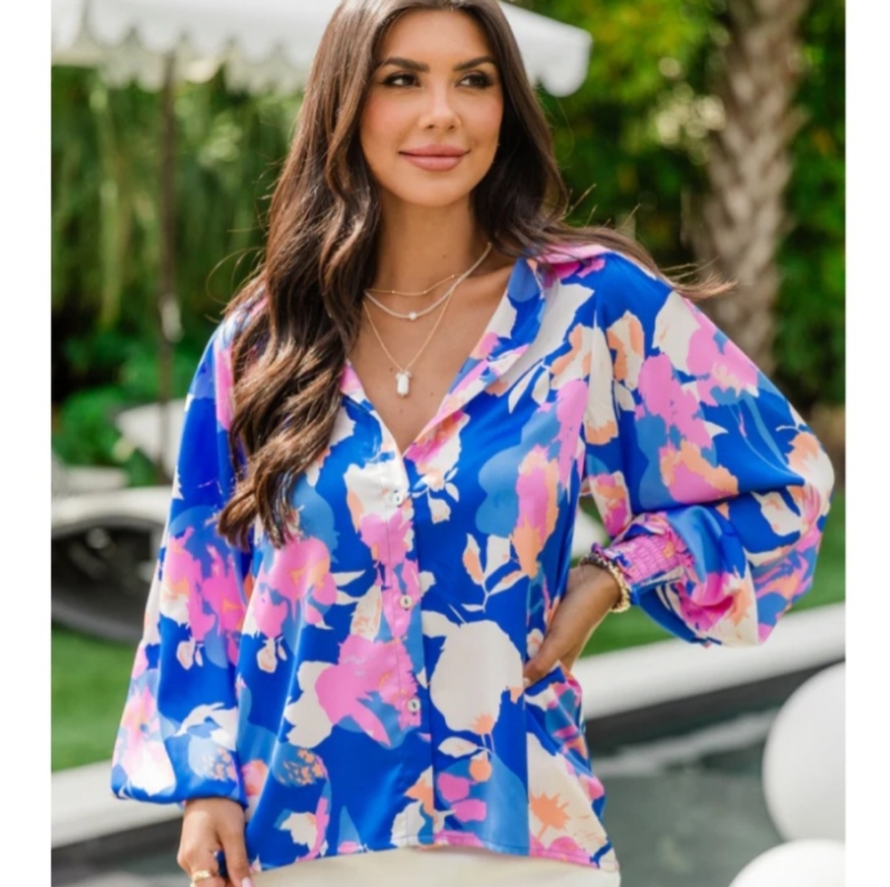 Pink Lily floral Silk Blouse